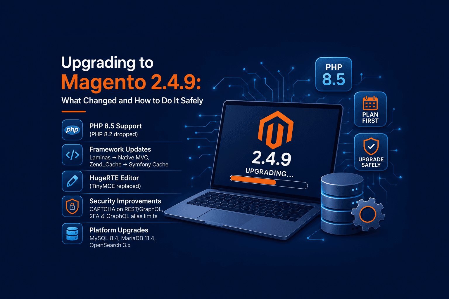 Infographic summarizing what's new in Magento 2.4.9: PHP 8.5 support, framework updates, HugeRTE editor, security improvements, and platform upgrades